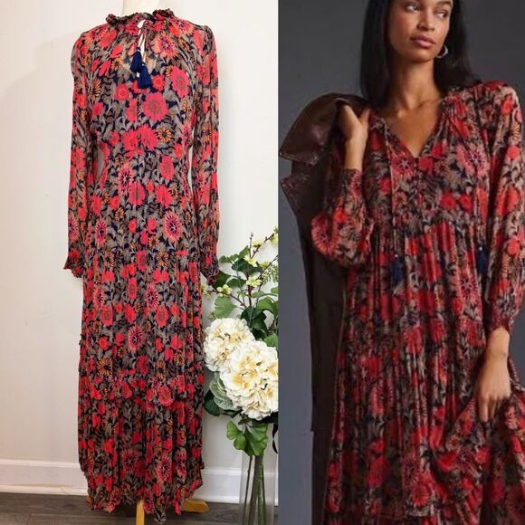 ANTHROPOLOGIE | The Marais Printed Chiffon Maxi Dress | Floral Boho Long Sleeve - Picture 1 of 15